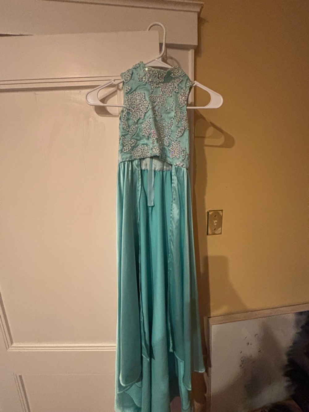 Girls Aqua Beaded High-Low Pageant Dress